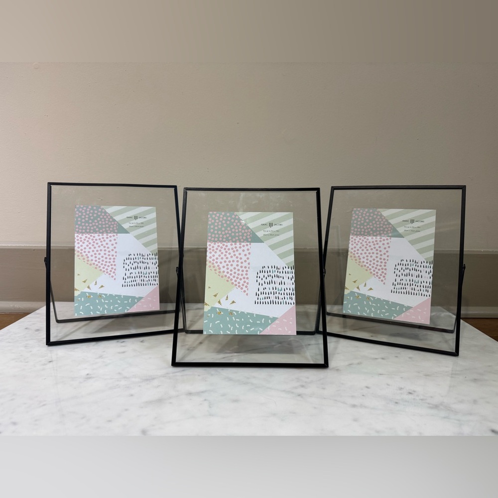 Set of 3 black 8x10 glass floating picture frame, adjustable leg by Isaac Jacobs
